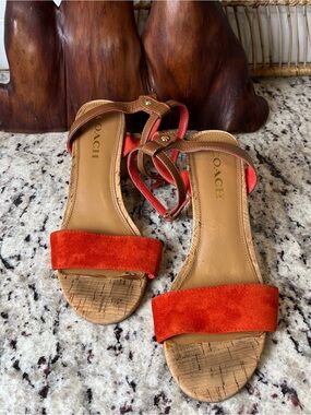 Coach Orange Suede Cork Strap Sandals